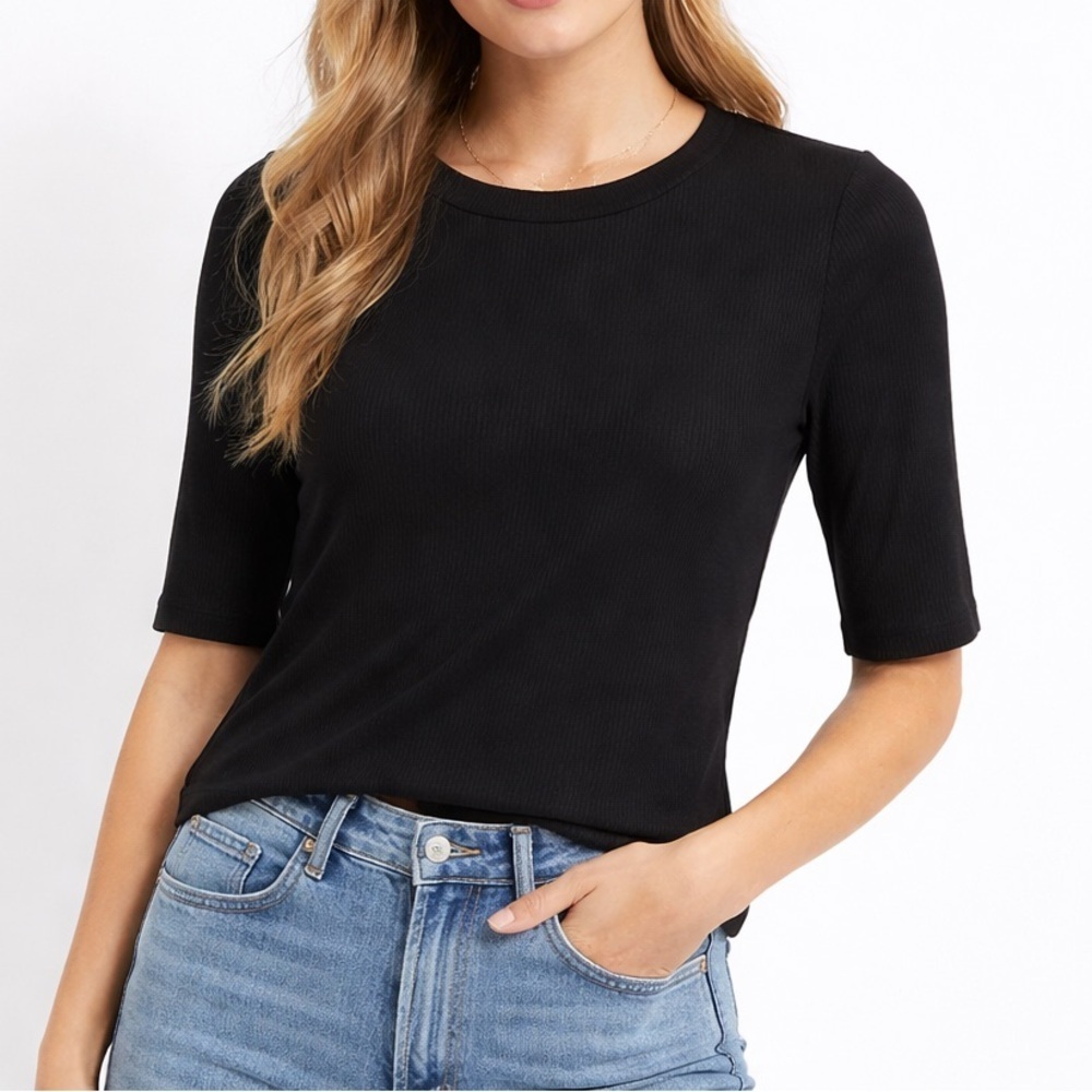 Soma Body Rib Crew Neck 3/4 Sleeve Tee w/ Interior Bra Black Size M